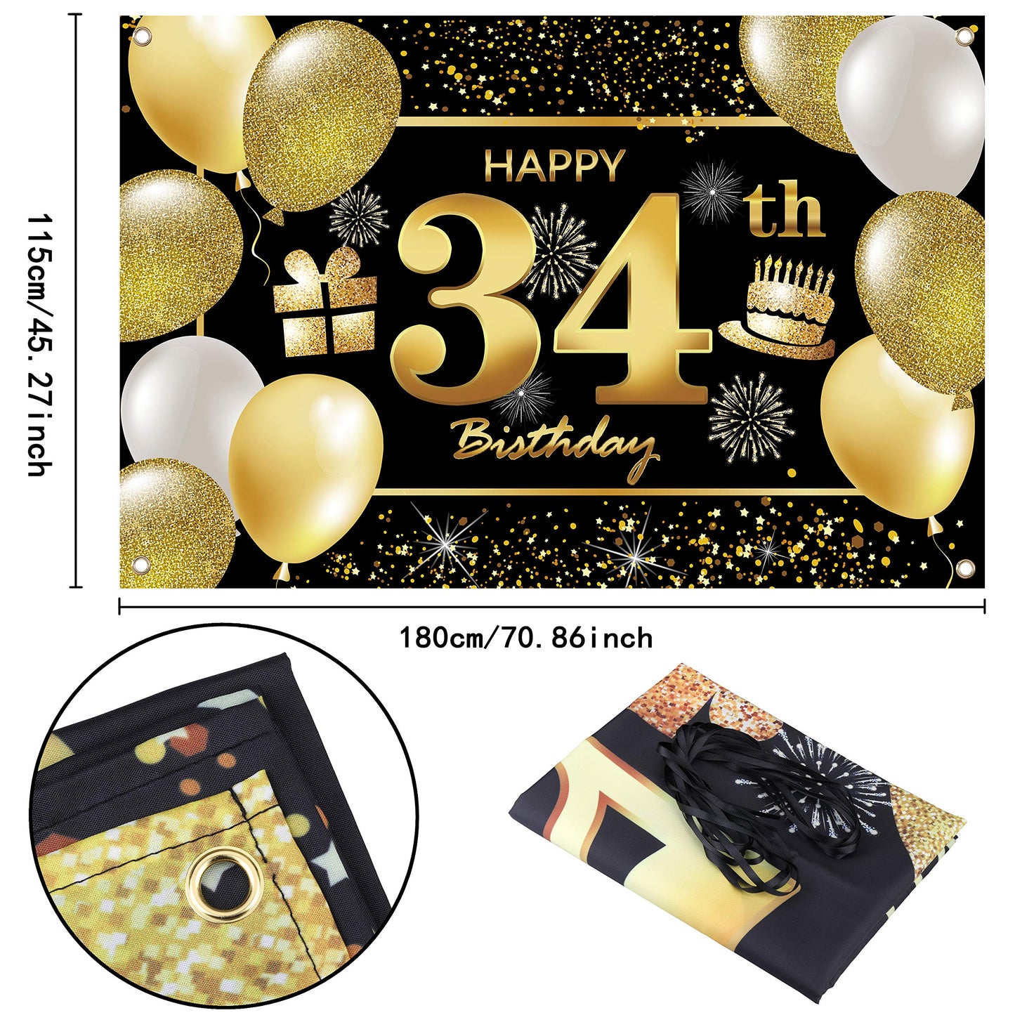 IMISI 34th Happy Birthday Banner, Black Birthday Decorations for Men, Party Backdrop, Perfect for Birthday Celebrations