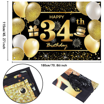 IMISI 34th Happy Birthday Banner, Black Birthday Decorations for Men, Party Backdrop, Perfect for Birthday Celebrations