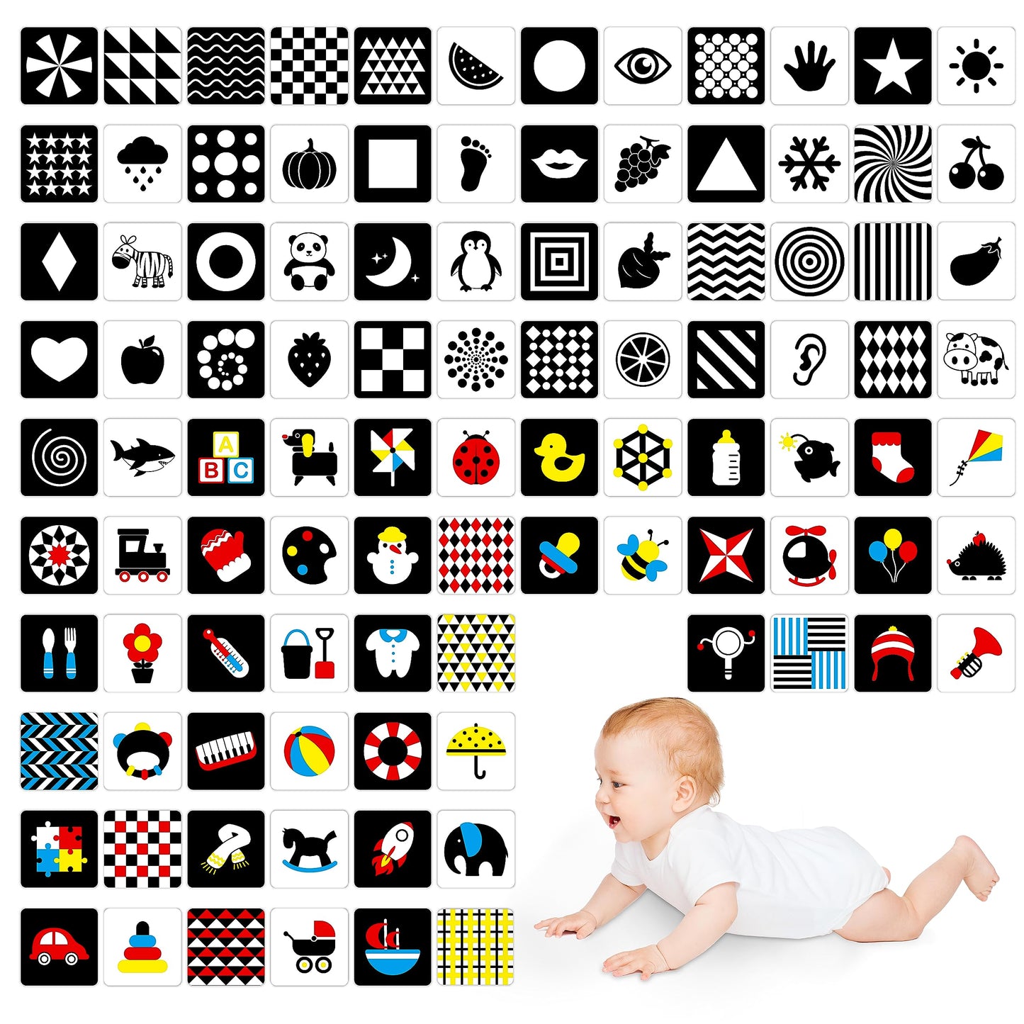 100 Pages Black White Colorful Baby Visual Stimulus Flashcard, 50 Pcs High Contrast Baby Flashcards Sensory Toys For Newborn Infant Gift (2 Levels 0-6 Months, 5.5” X 5.5”)