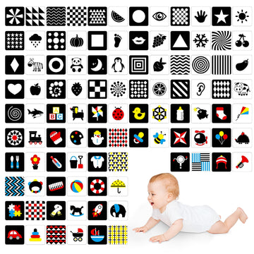 100 Pages Black White Colorful Baby Visual Stimulus Flashcard, 50 Pcs High Contrast Baby Flashcards Sensory Toys For Newborn Infant Gift (2 Levels 0-6 Months, 5.5” X 5.5”)