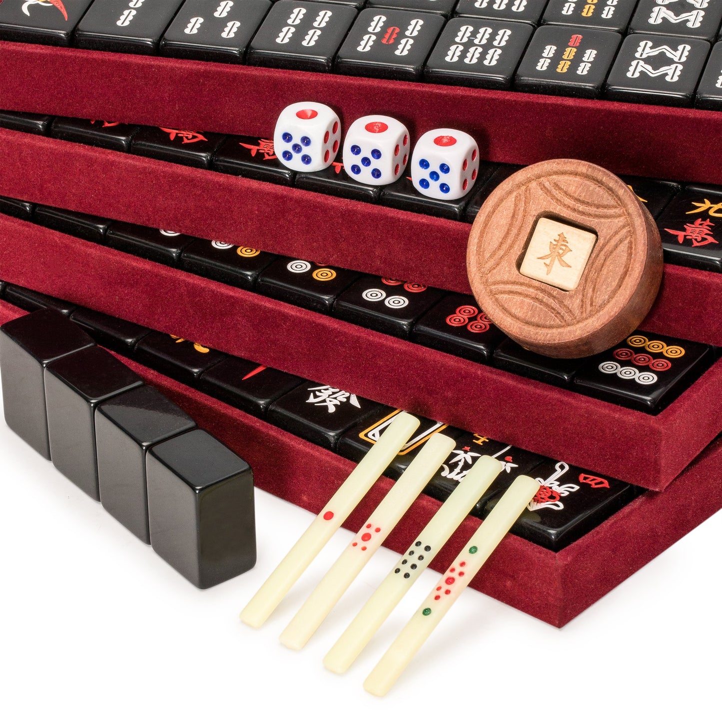 Yellow Mountain Imports Mahjong Game Set - Black Acrylic Tiles, Wooden Case, Model US-CM001-C, Small Size 1.3" x 0.9" x 0.7"
