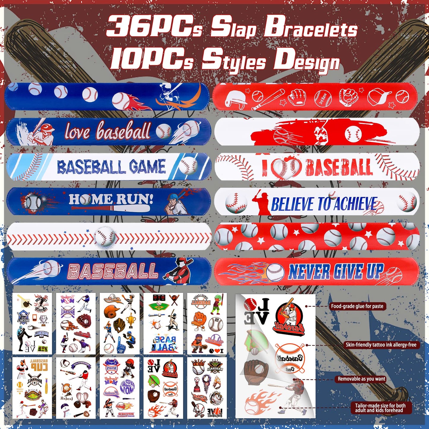 40Pcs Baseball Slap Bracelets Party Favors With Tattoo - Birthday Gifts and Party Decorations Snap Band for Kids Boys