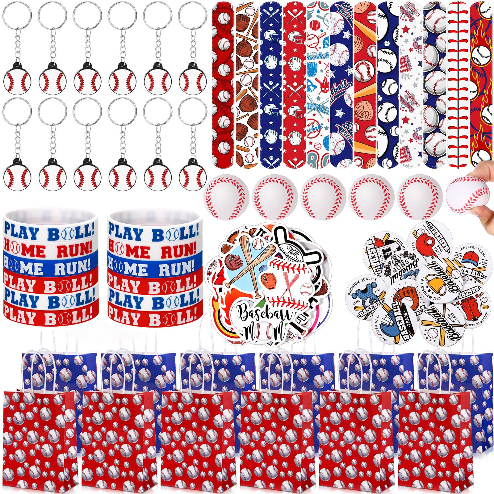 Aoriher 194 Pcs Baseball Party Favor Set Sport Party Gift Bulk Baseball Goodie Bag Filler Mini Ball Toy Silicone Bracelet Tattoo