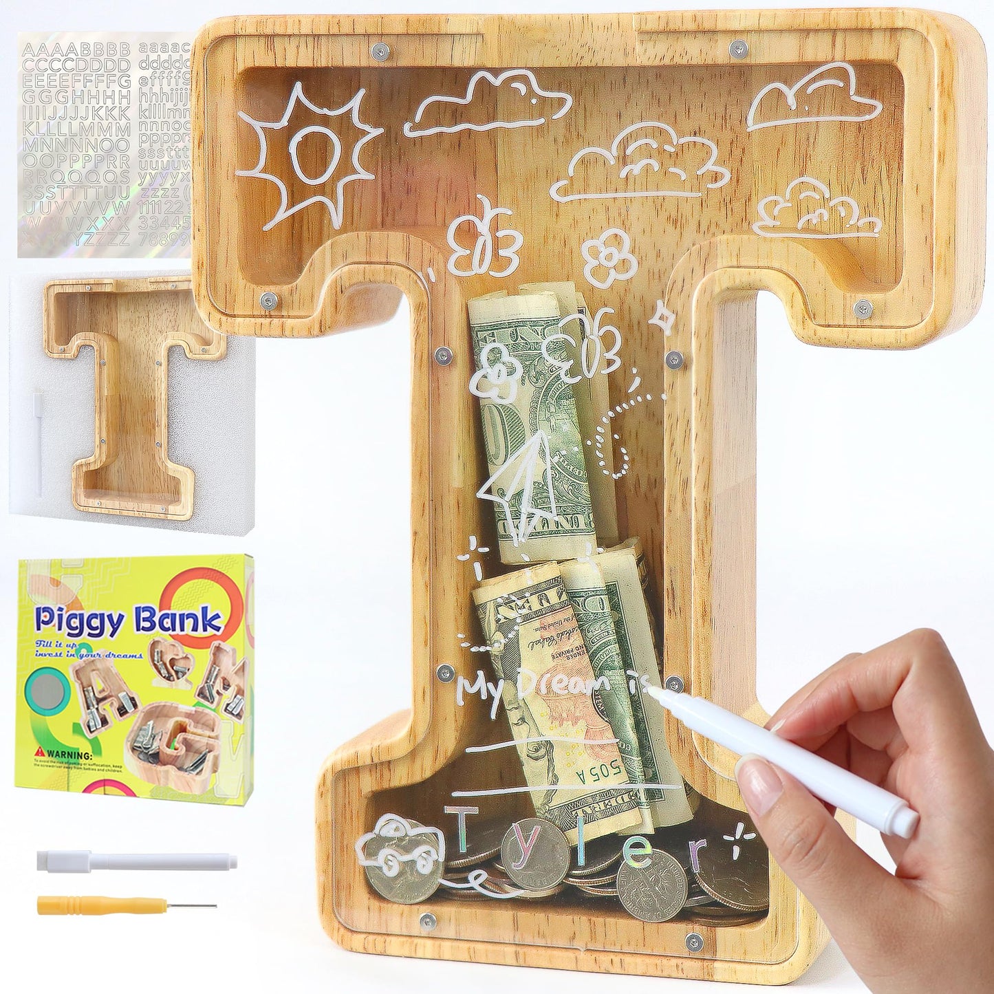 weallbuy Large Letter Piggy Bank for Kids Boys Girls Wooden Personalized Piggy Banks A-Z with Target Area Clear Alphabet Banknote Coin Banks for Gift Decoration Baptism (T)