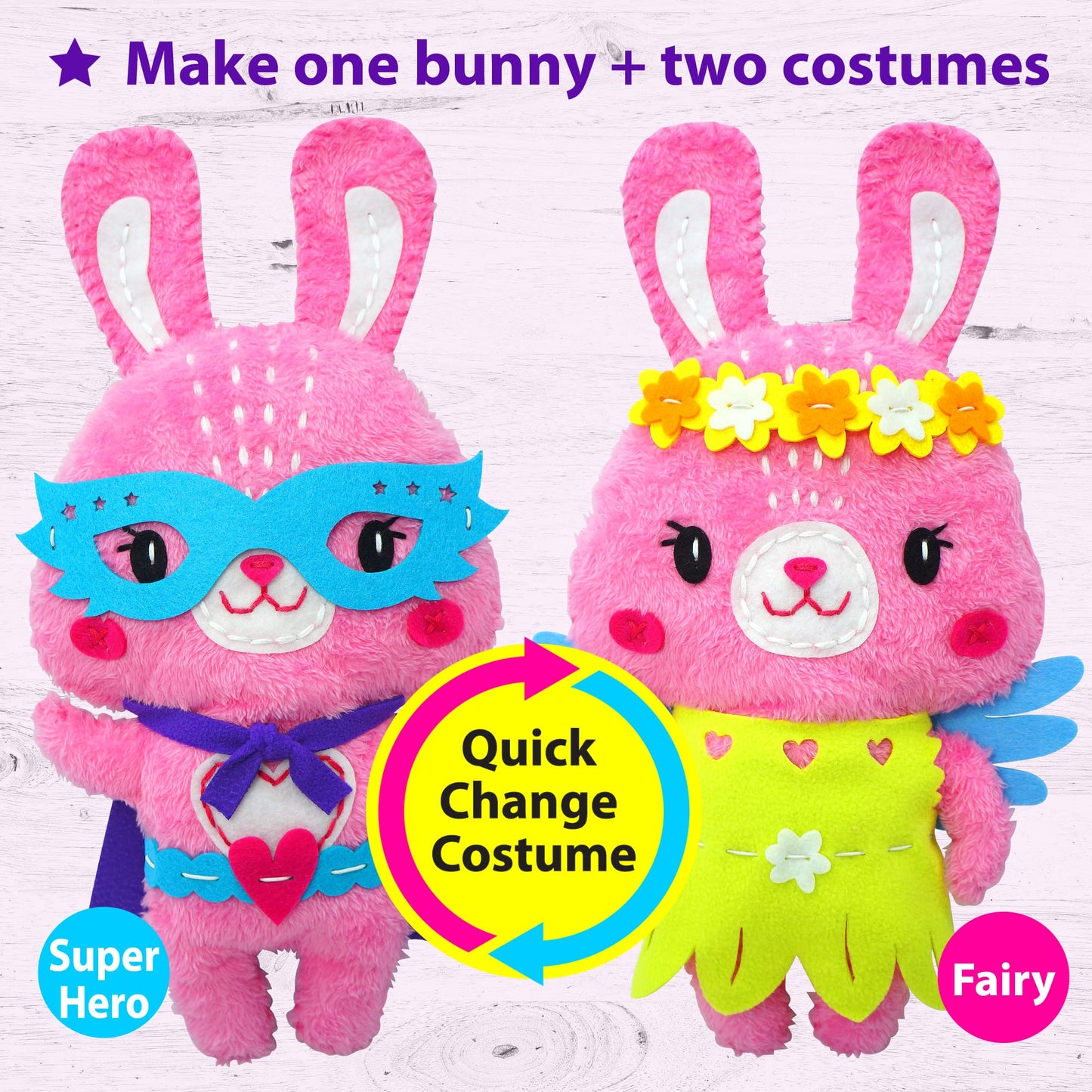 KRAFUN Big Jumbo Bunny Animal Sewing Kit for Kids Beginner My First Art & Craft, Make 1 Stuffed Doll with 2 Costumes, Instructio