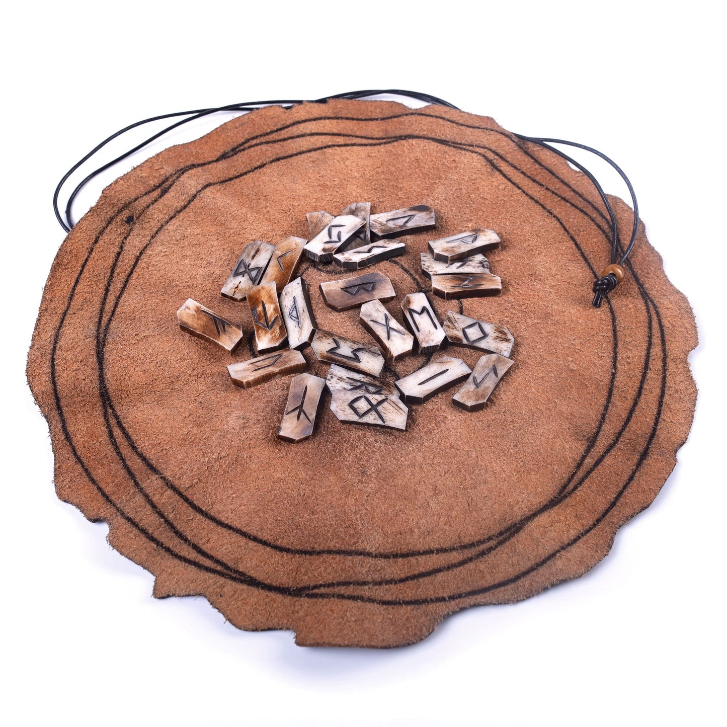 Viking Rune Divination Set with Genuine Bone Elder Futhark Runestone Pieces & enhanced Leather Divination Mat