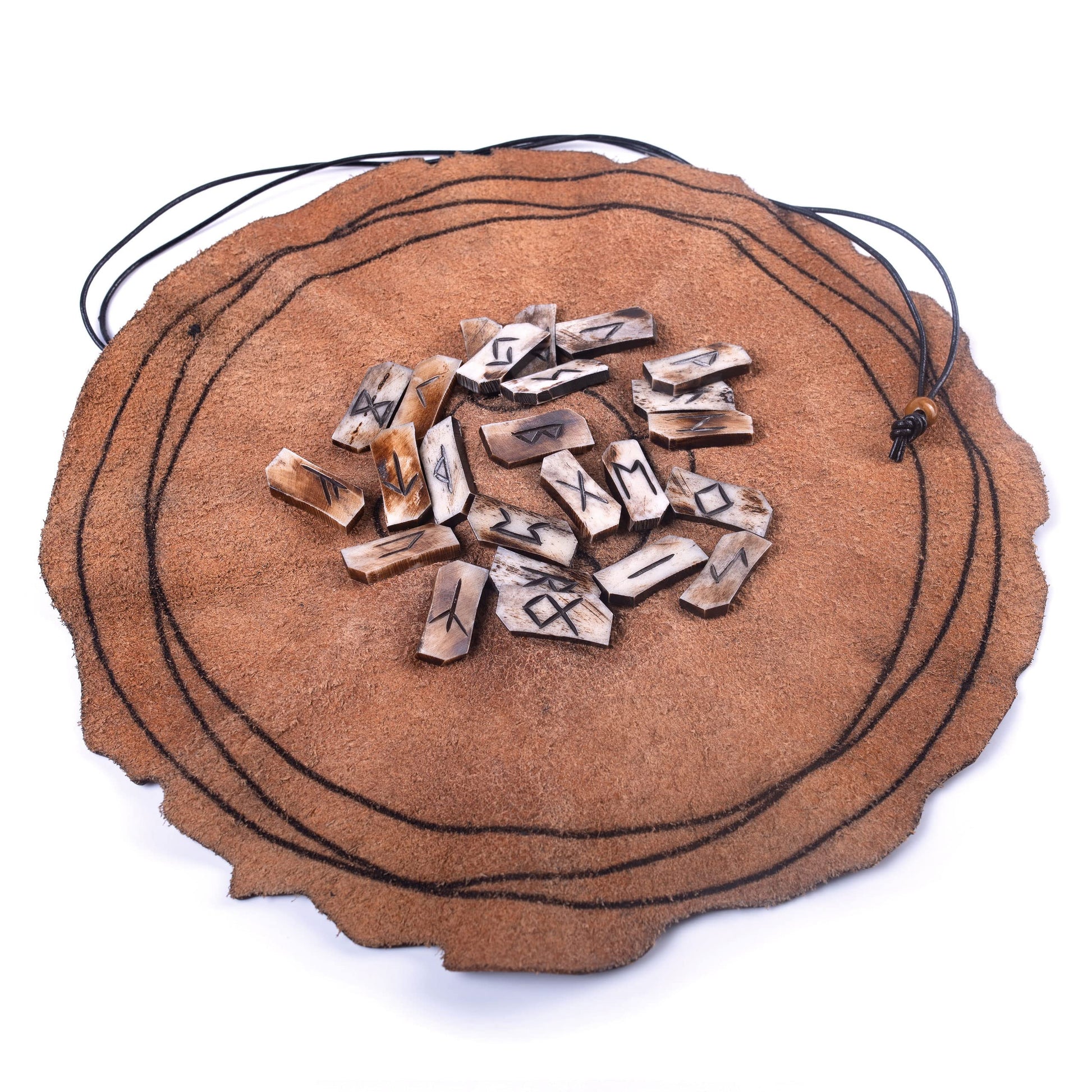 Viking Rune Divination Set with Genuine Bone Elder Futhark Runestone Pieces & enhanced Leather Divination Mat