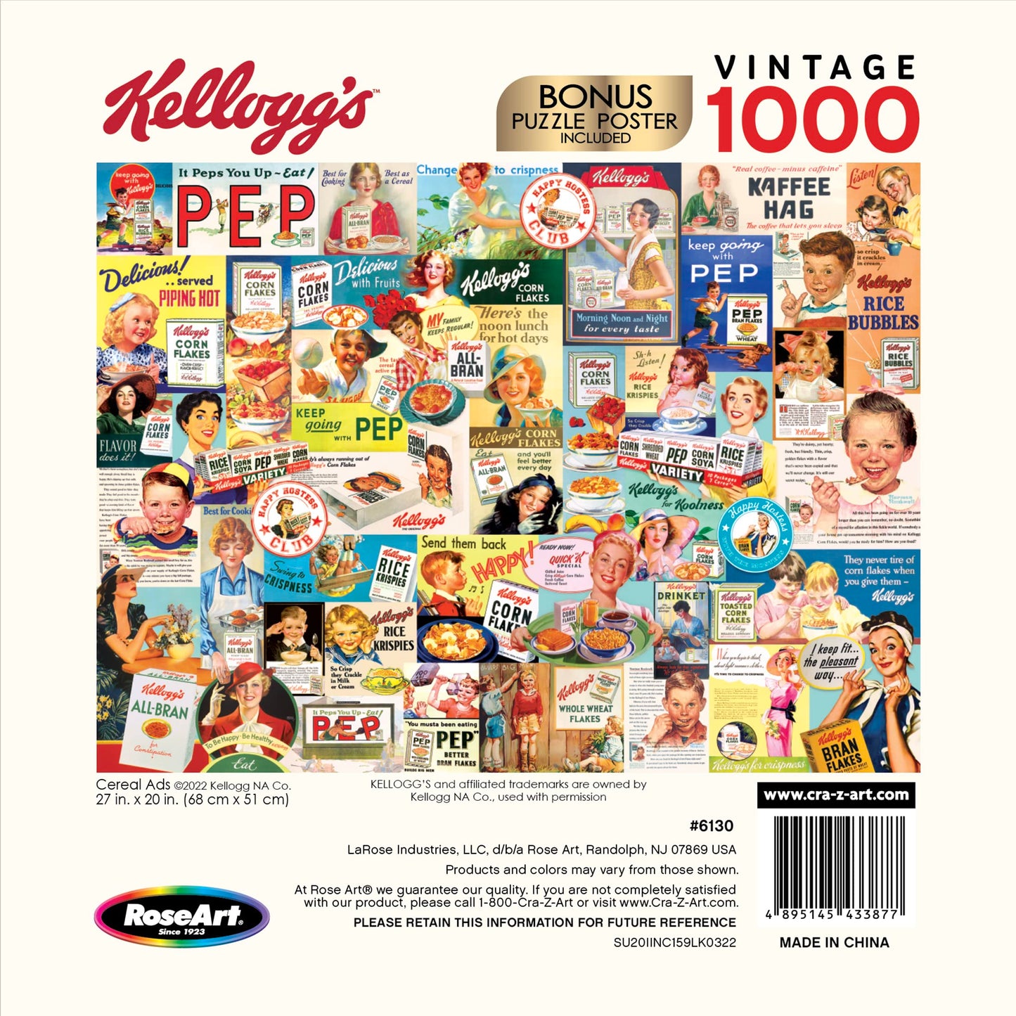RoseArt 1000 Piece Jigsaw Puzzle - Kellogg's Cereal Ads - Multi-colored - Model 6130ZZD - Paper Material