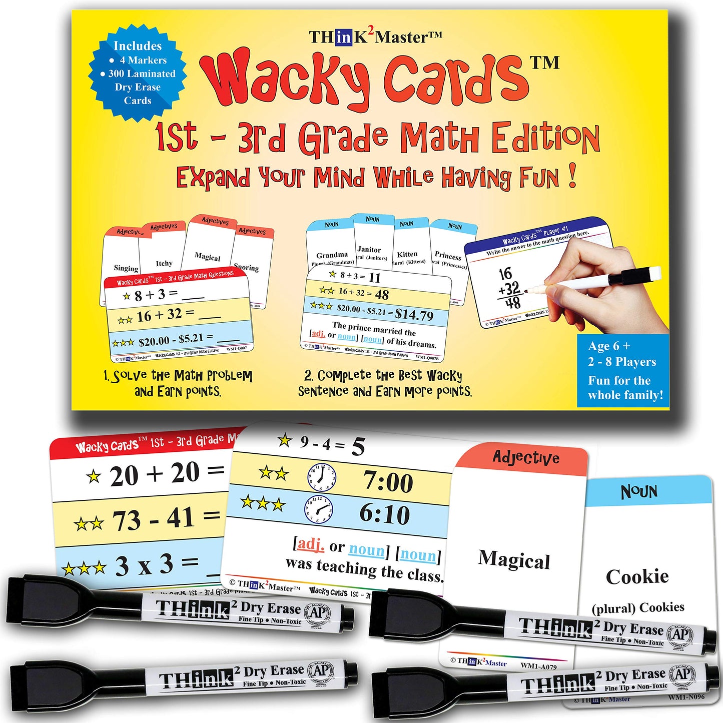 Think2Master Wacky Cards 1st - 3rd Grade. Math Card Game for Families & Classroom. Make Hilarious Sentences While Practicing Mat