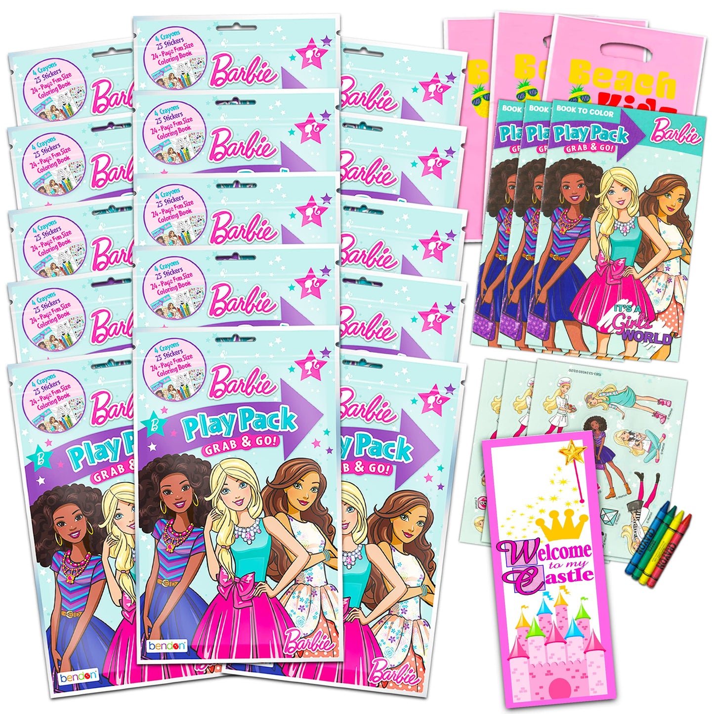 Bendon Publishing Set Of 15 Kids Play Packs Bundle ~ Fun Party Favors Coloring Book Crayons Stickers (Barbie)