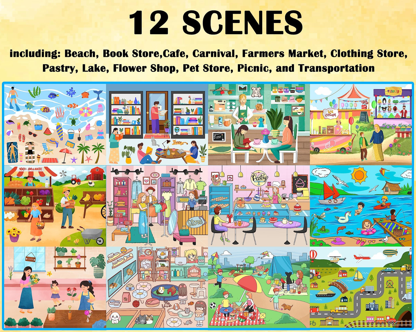 500Pcs+ Stickers/Coloring Book For Toddlers 2-4, Around My Town Stickers Book 12 Scenes,12 Coloring Pages Air Plane Activity For