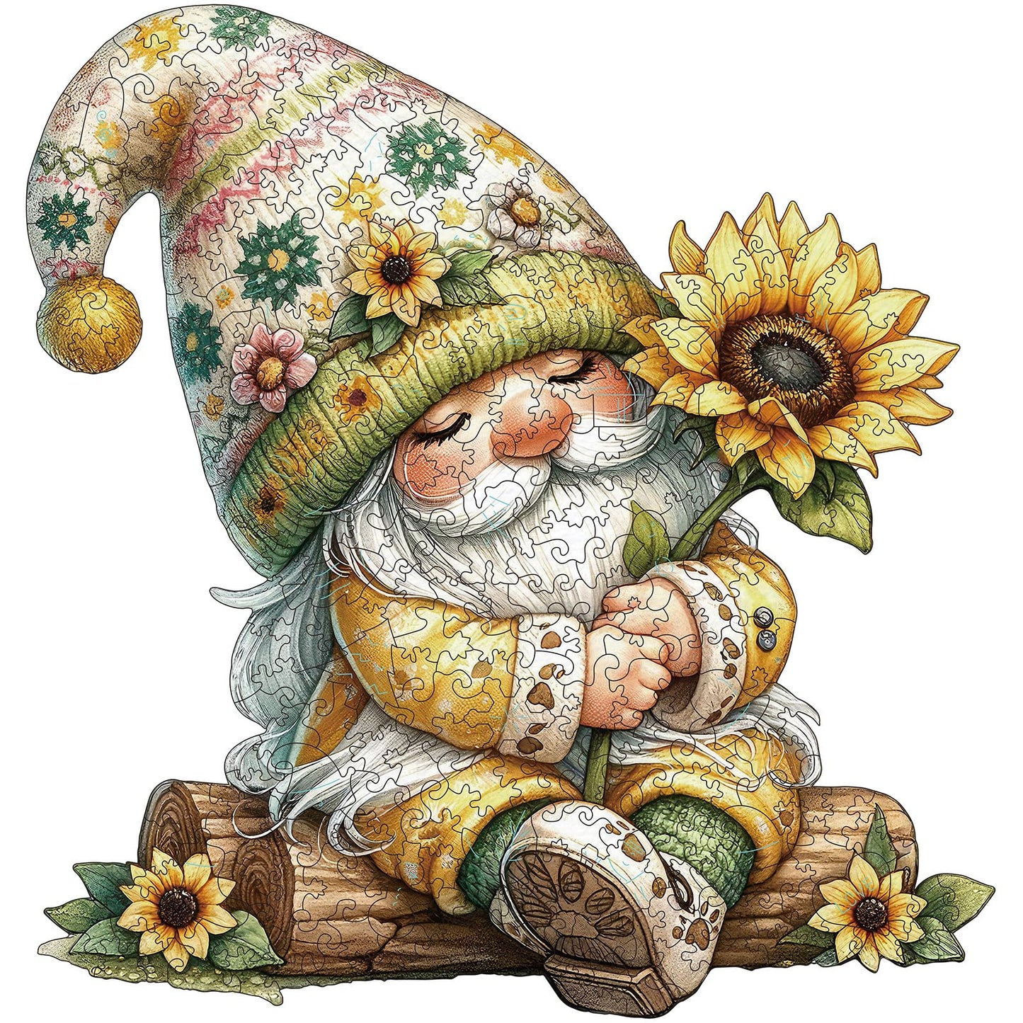 Gnome Wooden Puzzles for mature-themeds  300pcs Gnome Wooden Jigsaw Puzzles for mature-themeds  Sunflower Unique Shaped Jigsaw Puzzles Creative Gift for Friend Family Game Large Size 15'' x 14.1''