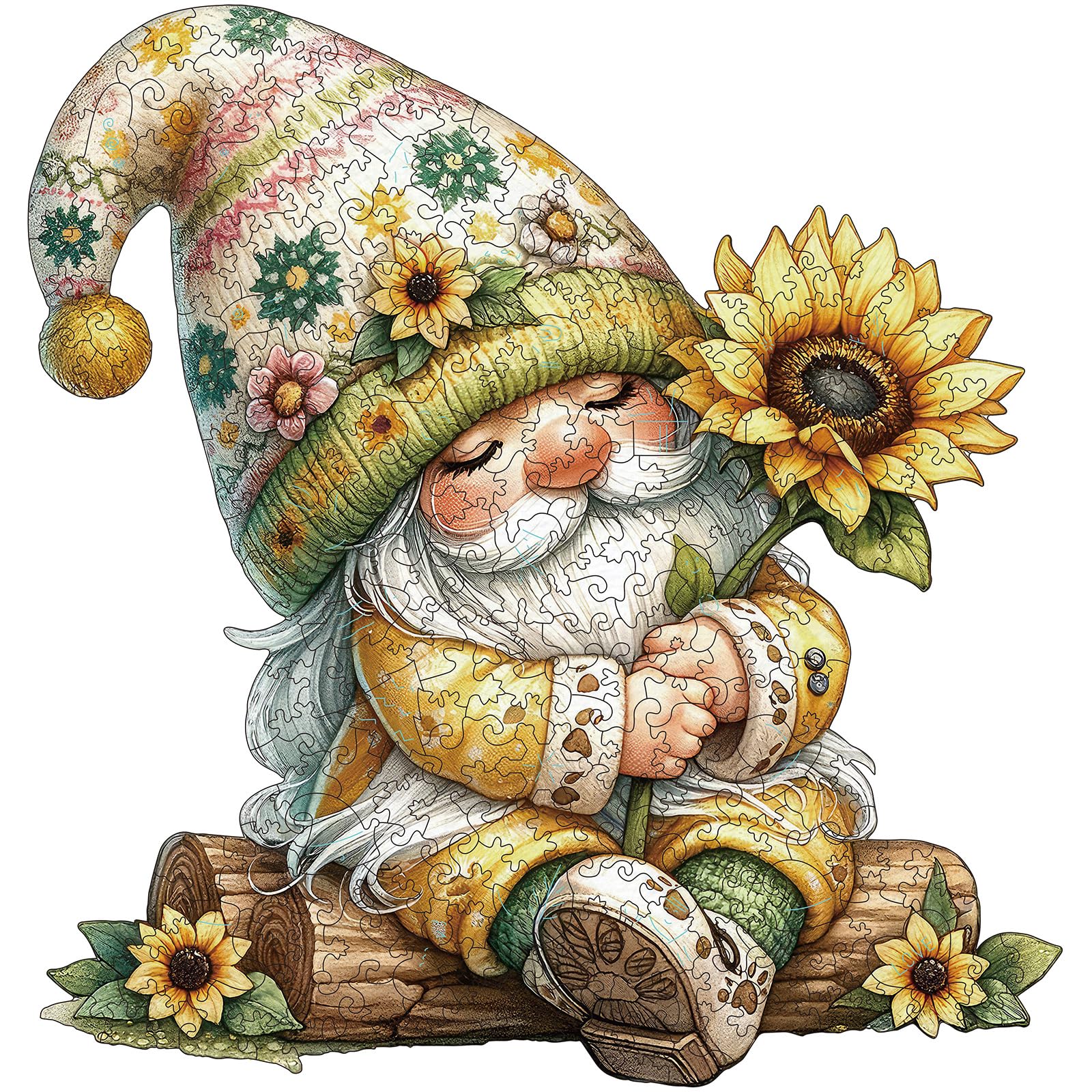 Gnome Wooden Puzzles for mature-themeds  300pcs Gnome Wooden Jigsaw Puzzles for mature-themeds  Sunflower Unique Shaped Jigsaw Puzzles Creative Gift for Friend Family Game Large Size 15'' x 14.1''