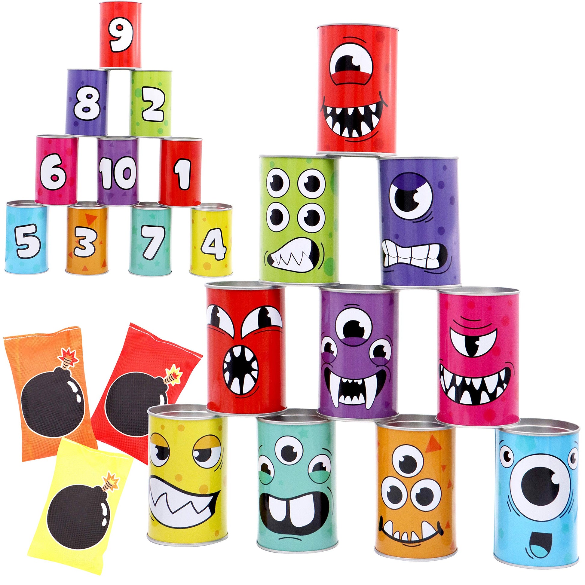 JOYIN 13 Pcs Carnival Bean Bag Toss  Knockdown Can Game Set  Holiday & Birthday Party Games  Outdoor Lawn Yard Activity for Kids Party Favors  Easter Egg Hunt for Classroom Gifts (Monster Style)