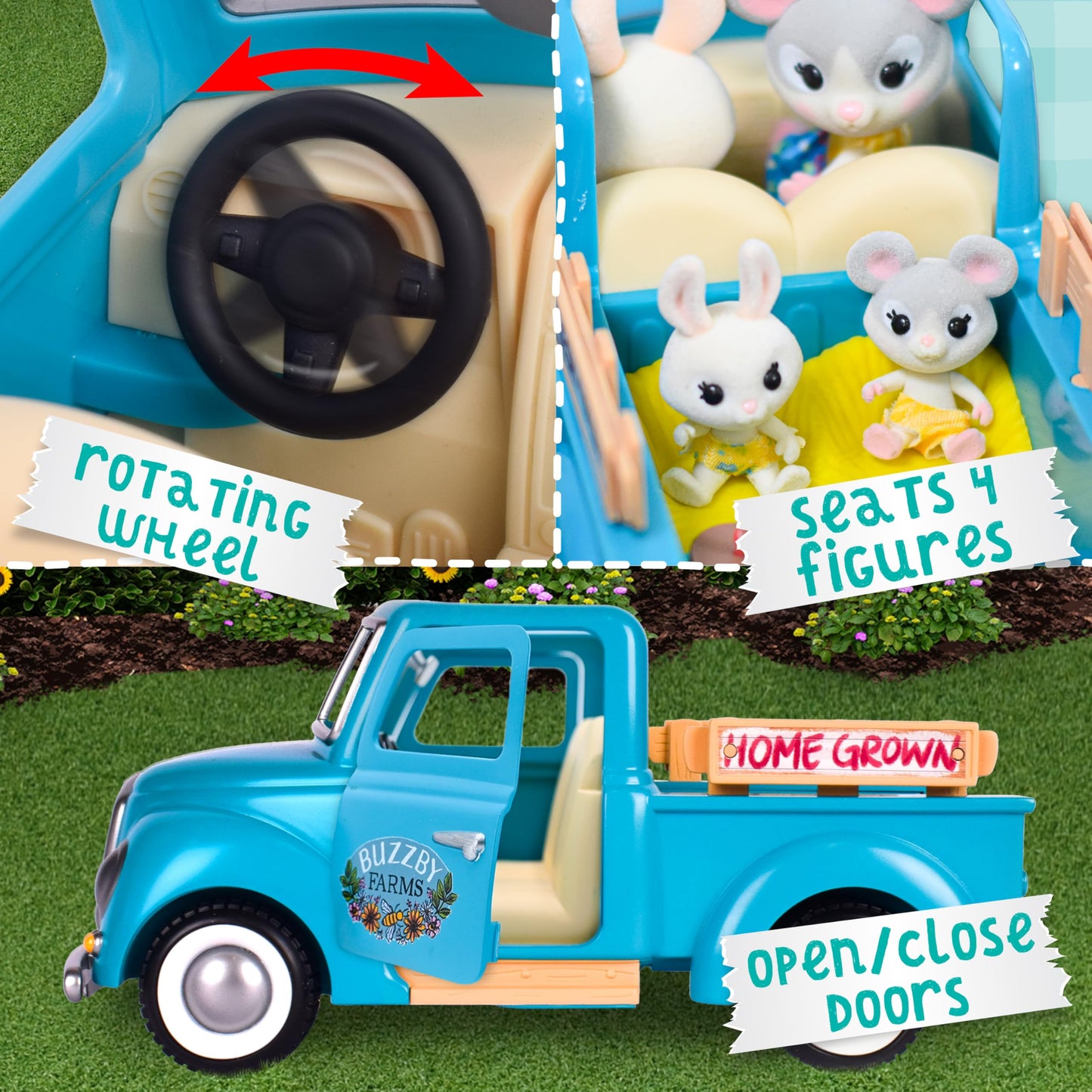 Honey Bee Acres Buzzby Farm Truck Vehicle Set, 10 Pieces, Plastic, Multi, Ages 3+ - Fun Miniature Doll Playset, Model 320913