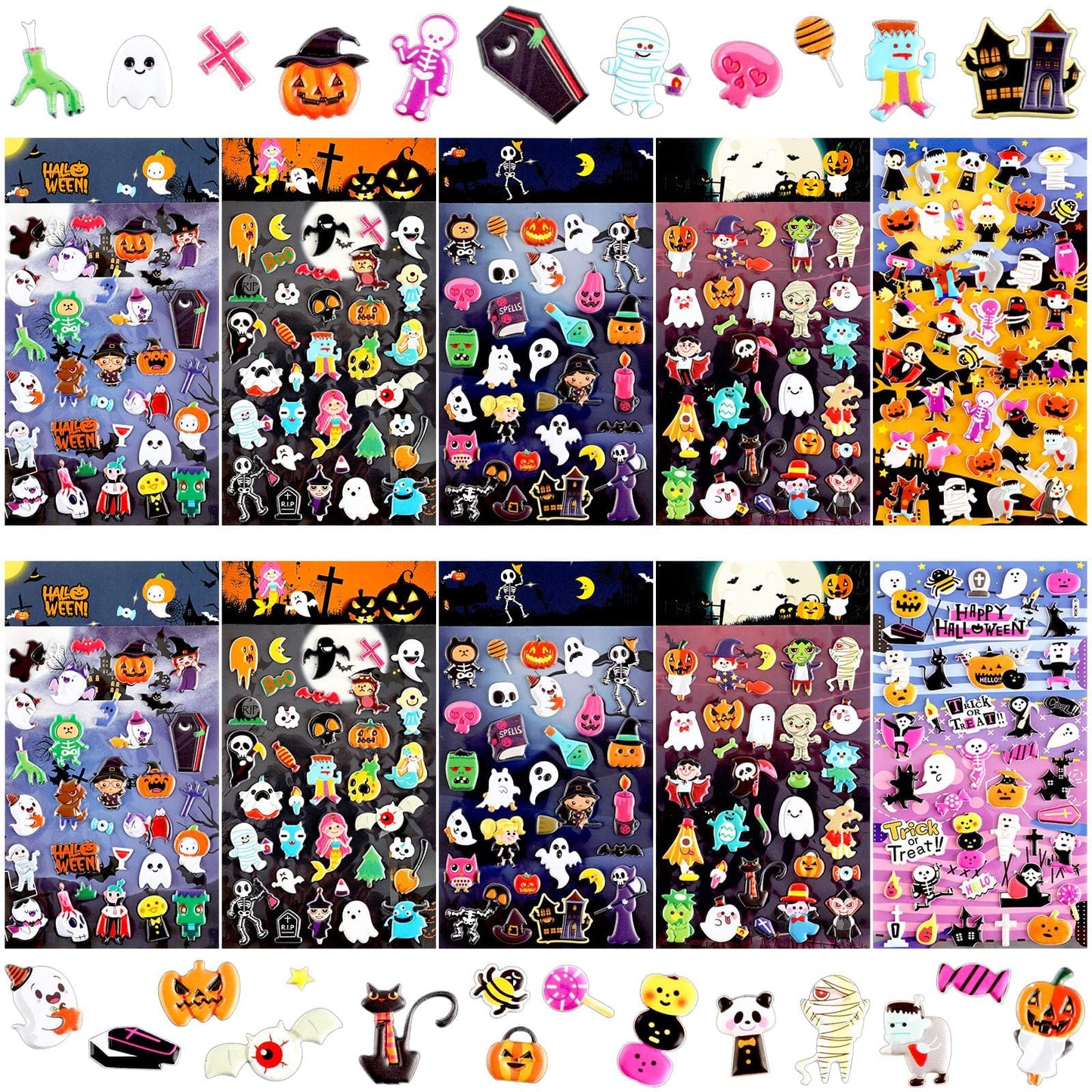 UPINS Halloweens Stickers for Kids, 10 Sheets 3D Happy Halloween Stickers Cute Puffy Stickers Ghost Pumpkin Skull Bat Spider Foa