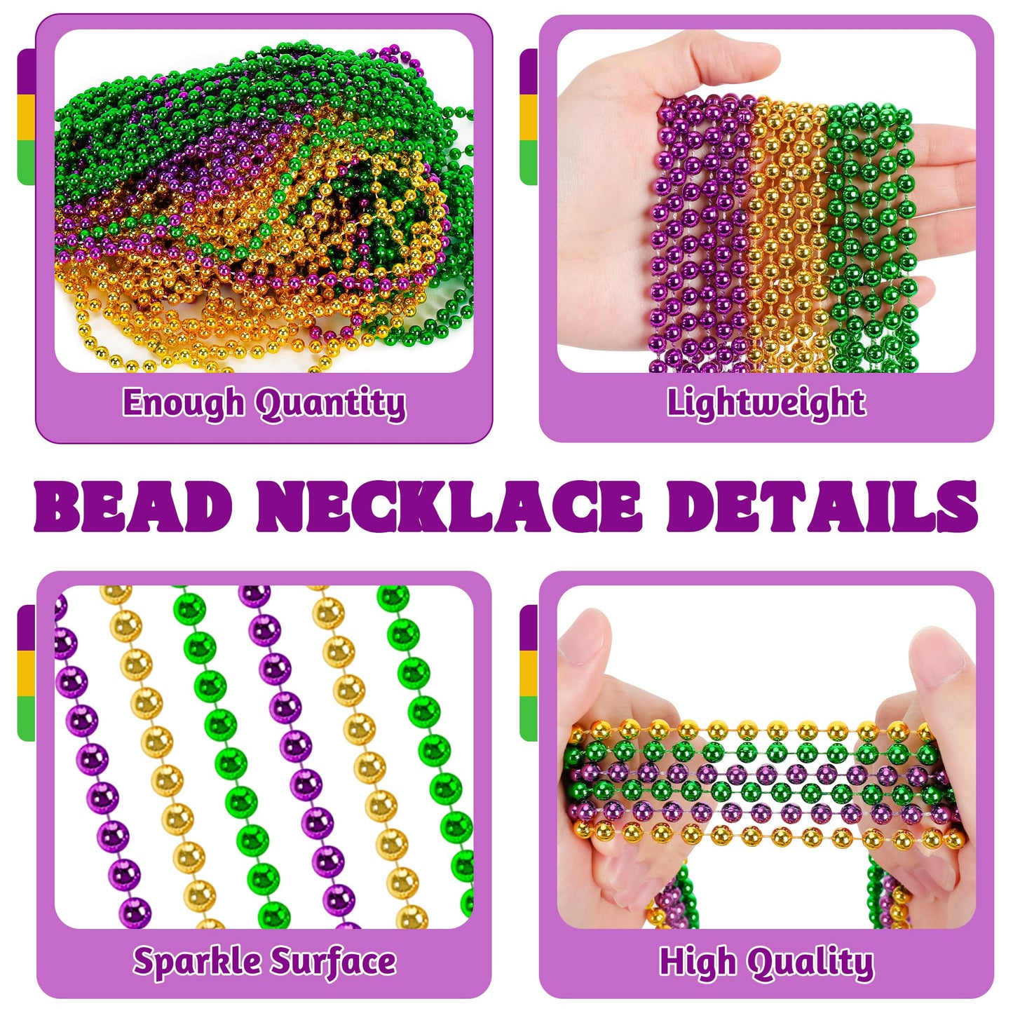 100 Pcs Mardi Gras Beads, 33'' Mardi Gras Beads Necklaces Bulk, Round Purple Gold Green Beads Bulk, Parade Throw Accessories Set