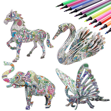 Kazoku Crafts For Girls Ages 8-12 3D Coloring Puzzles Toys 4 Animals Puzzles With 12 Pen Markers Creative Arts And Crafts Kits F