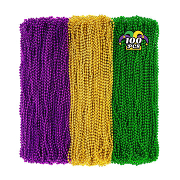 100 Pcs Mardi Gras Beads, 33'' Mardi Gras Beads Necklaces Bulk, Round Purple Gold Green Beads Bulk, Parade Throw Accessories Set