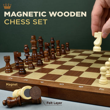 15-Inch Magnetic Chess Set - 2 In 1 Chess And Checkers Board Game For Adults And Kids - Tournament Chessboard With Wooden Pieces - Free E-Book With Chess Puzzles