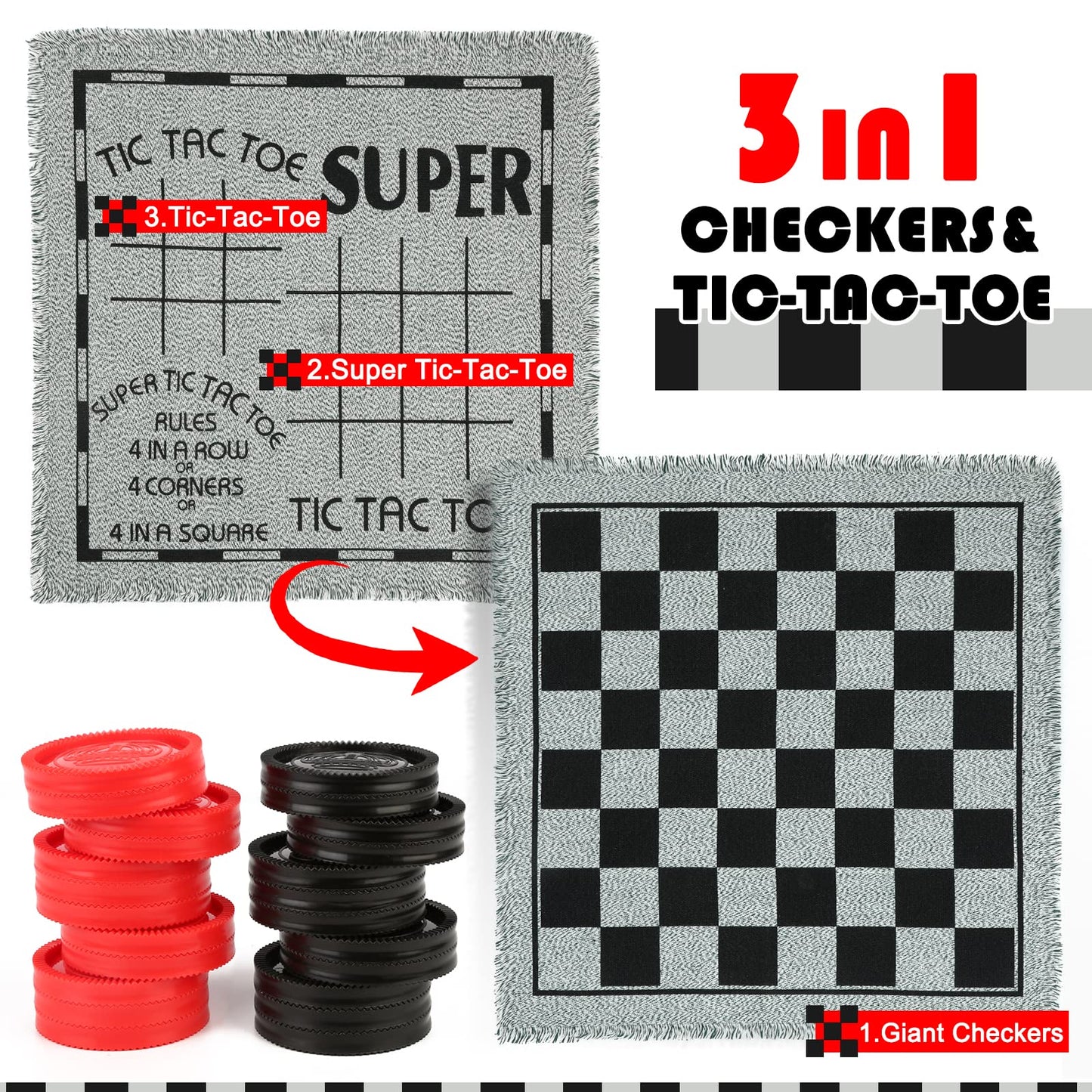 Giant Checkers Board Game Set,3 In 1 Tic Tac Toe Board Draughts Reversible Rug Game For Kids & Adults, Big Checker Floor Game Mat,Indoor Outdoor Yard Game For Family Camping Party