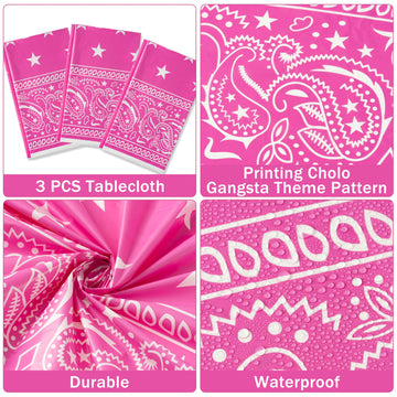 K1Tpde Pink Bandana Plastic 3Pcs Tablecloths, 87X51 Inches/ 9.8X7.2 Feet, Western Party & Cholo Theme Decorations, Pleated Corner Style, All-Season