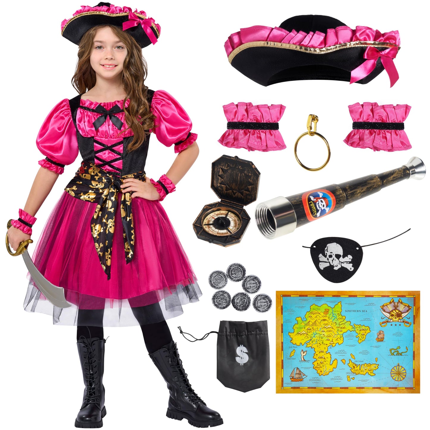 Spooktacular Creations Halloween Costumes for Girls  Kids Pirate Costume  Magenta Pirate Dress for Toddler Girls Halloween Pirate Princess Role Play Parties(Small(5-7 yrs))