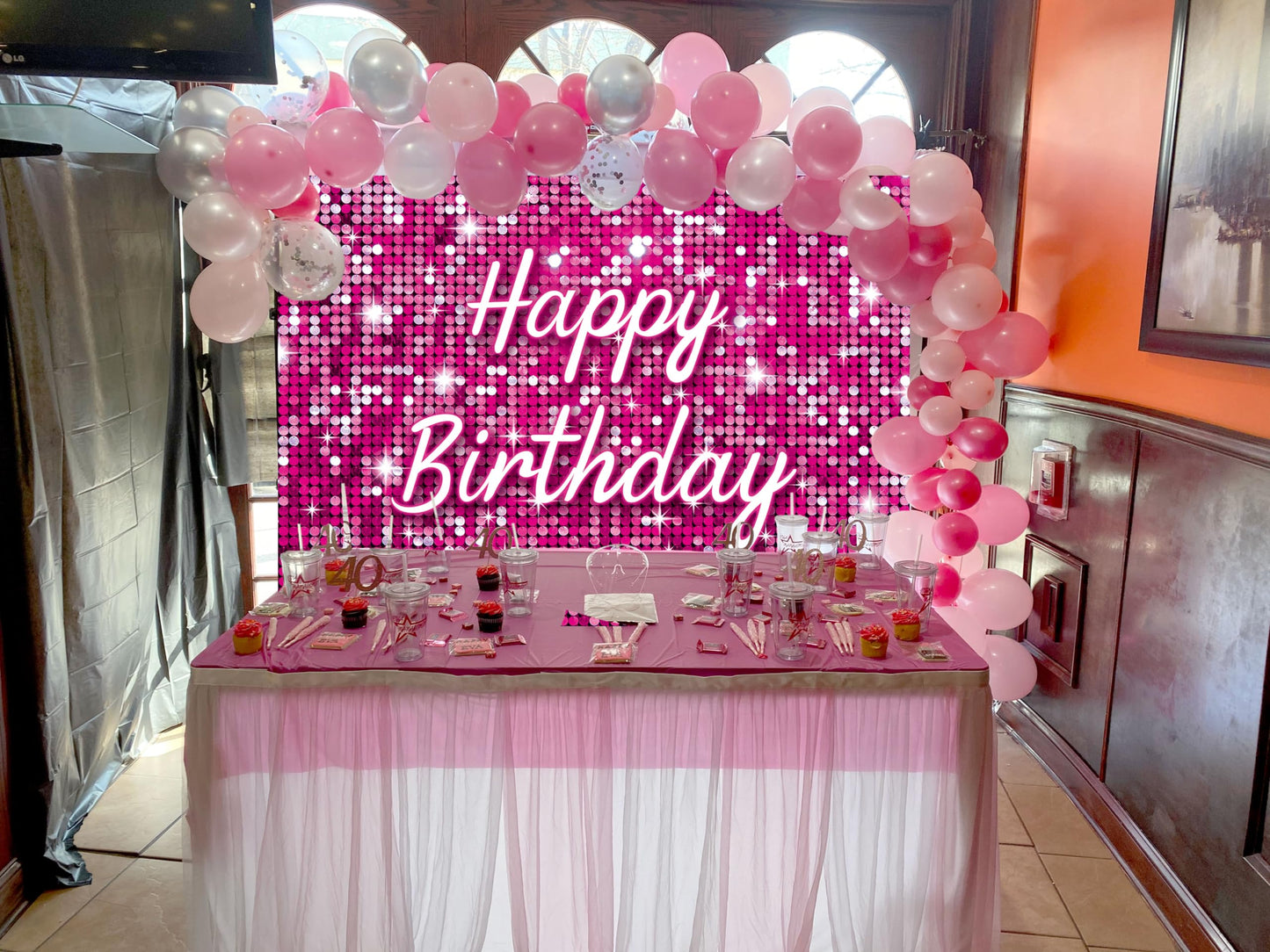 Pink Flash Square Photography Backdrop Hot Pink Happy Birthday Glitter Shinning Sequin Wall Panels Shimmer Wall Background for G
