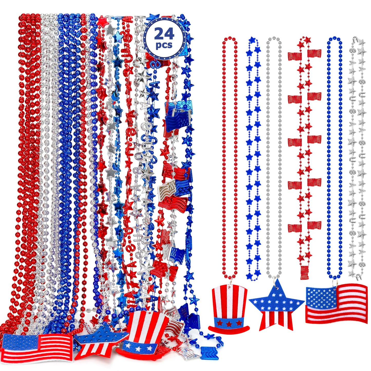 EOBOH 4th of July Necklace Accessories, 24PCS Independence Day Beads Necklaces Bulk, 15 Kinds Fourth of July Red Blue White Star