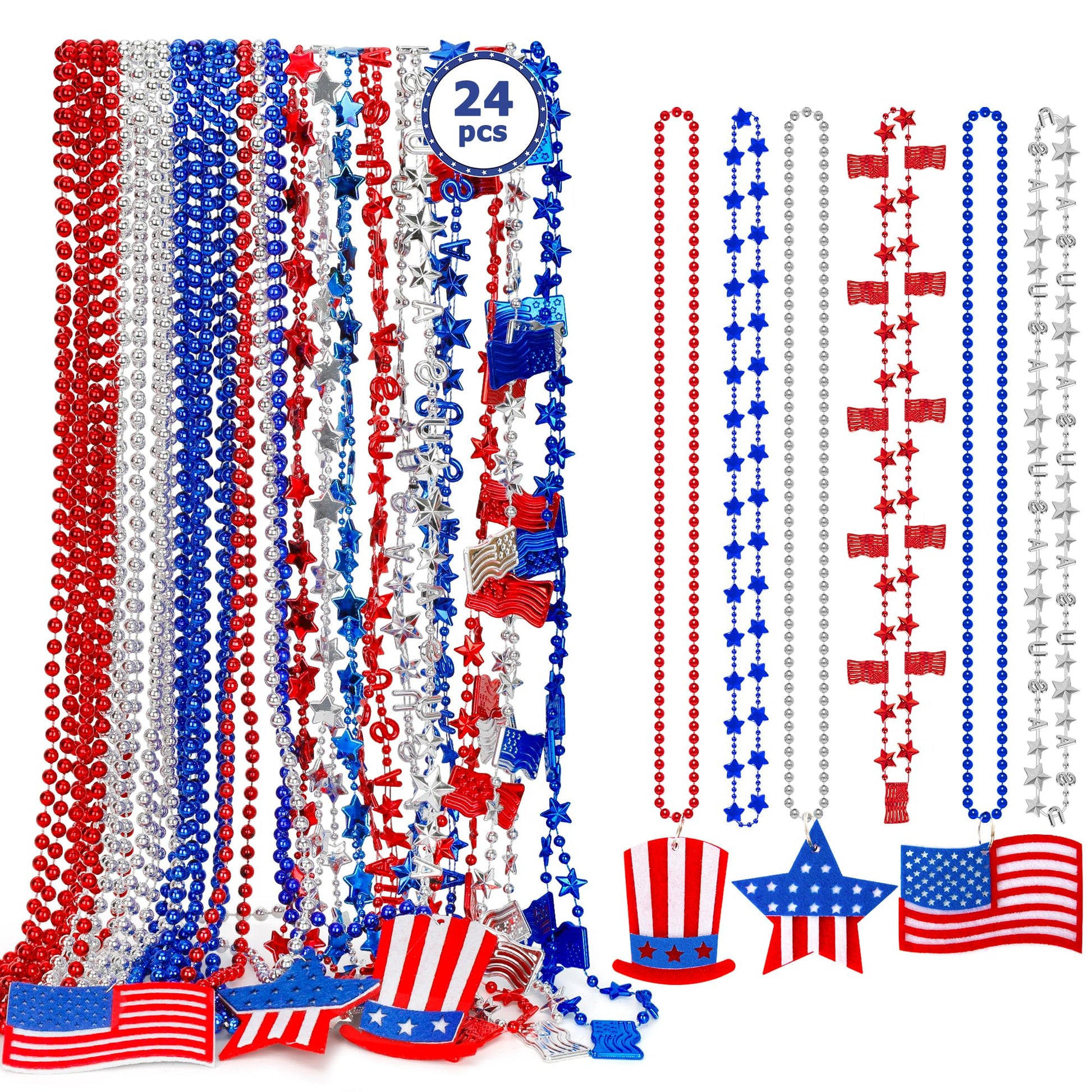 EOBOH 4th of July Necklace Accessories, 24PCS Independence Day Beads Necklaces Bulk, 15 Kinds Fourth of July Red Blue White Star