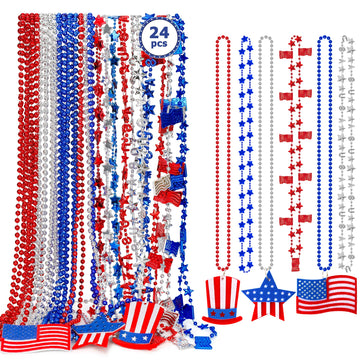 EOBOH 4th of July Necklace Accessories, 24PCS Independence Day Beads Necklaces Bulk, 15 Kinds Fourth of July Red Blue White Star