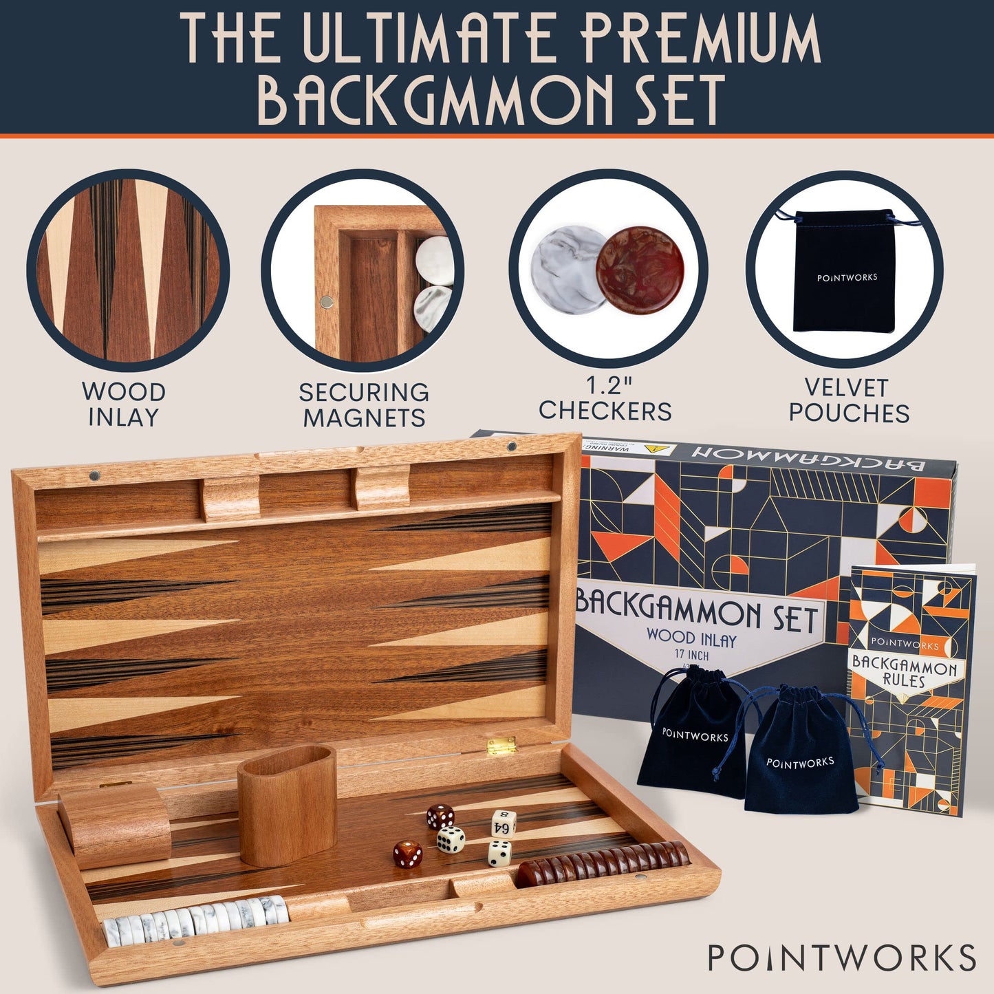 Pointworks Backgammon Set - 17 Inch Wooden Board Game for 2 Players, Travel Size, Brown Inlaid Checkers & Dice
