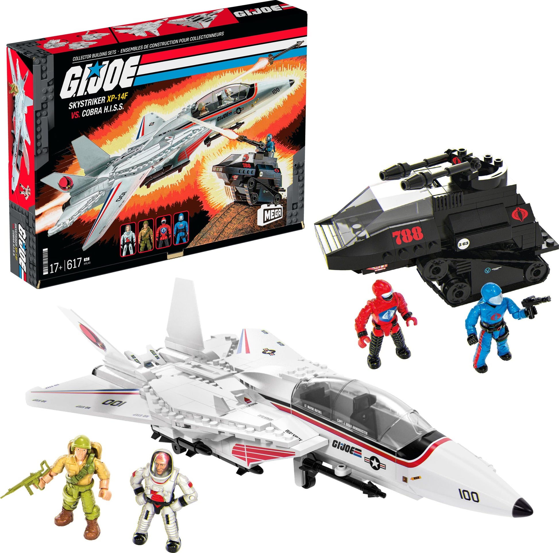 MEGA G.I. Joe Action Figures Building Toys, Skystriker XP-14F vs. Cobra H.I.S.S. with 617 Pieces, 4 Poseable Characters, for Col