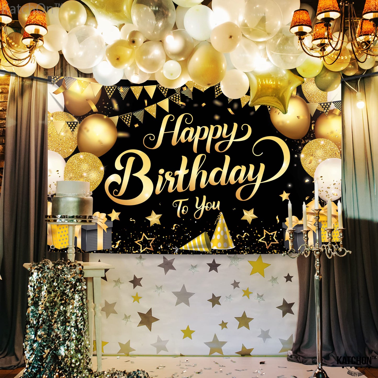Katchon, Large Black And Gold Happy Birthday Banner - 72X44 Inch | Black And Gold Birthday Decorations For Men | Happy Birthday Backdrop, Happy Birthday Sign | Black And Gold Birthday Banner For Men