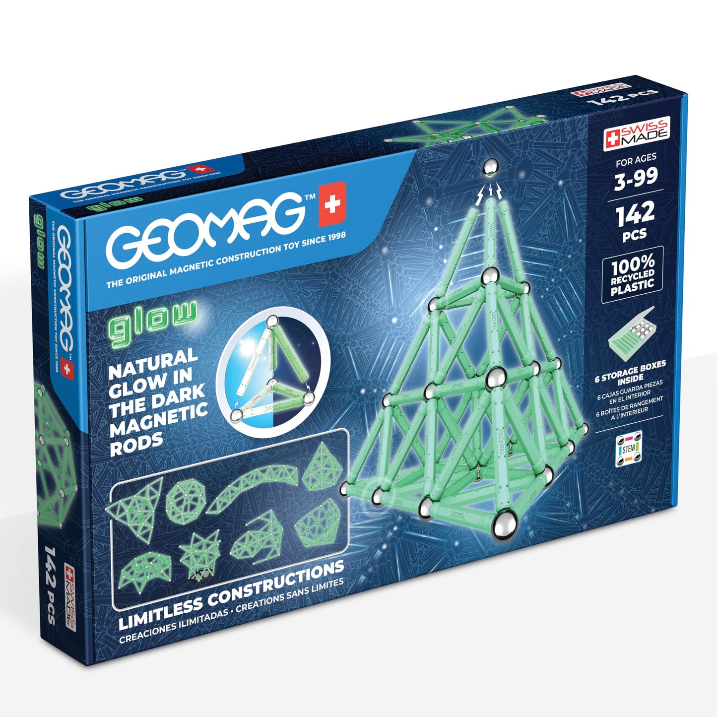Geomag Classic Glow 142-pc Magnetic Construction Set for Kids Ages 3 and Up | Swiss-Made STEM Educational Toy Made from 100% Rec