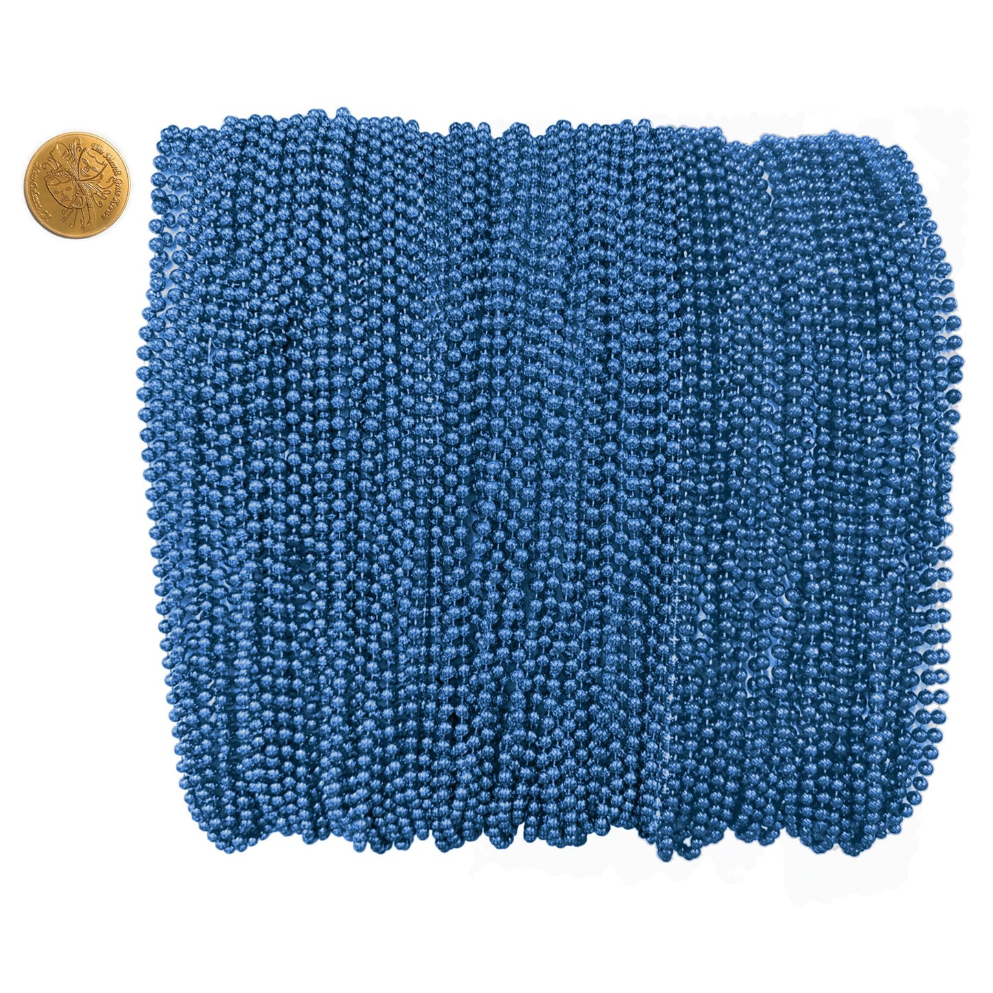Mardi Gras Beads 33 inch 7mm, 12 Dozen, 144 Pieces, Royal Blue Necklaces with Doubloon