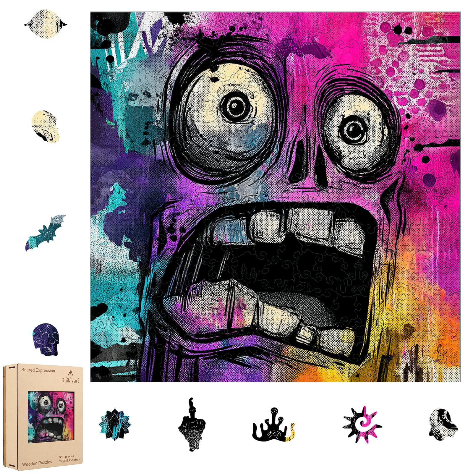 Ruikiyart Wooden Puzzles for Adults, 5MM 500Pcs Funny Scared Expression Wood Jigsaw Puzzle,Unique Shaped Challenge Holiday Thank