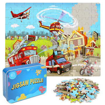 Lelemon Puzzles For Kids Ages 4-8 Fire Truck Jigsaw Puzzles In A Metal Box For Kids Boys Girls 100 Pieces Fire Truck Car Motorcy