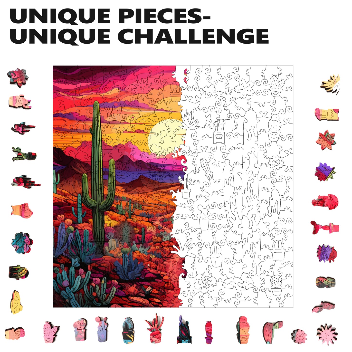 Trippy Puzzle Co - Wooden Jigsaw Puzzle For Adults - Challenging 300 Piece Puzzle With Cool Shapes - Desert Cactus Puzzle Art -