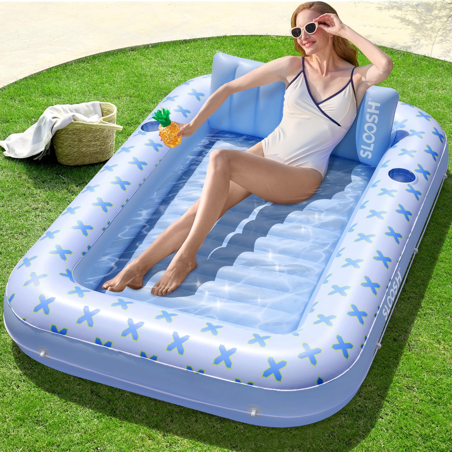 SLOOSH Inflatable Tanning Pool Lounger Float  70 x 46 Pool Floats mature-themed with Pillow  4 in 1 Suntan Tub Raft Floatie Sunbathing Bed Lounge for Water Blow Up Ball Pit Party Gifts  Blue Breezestar