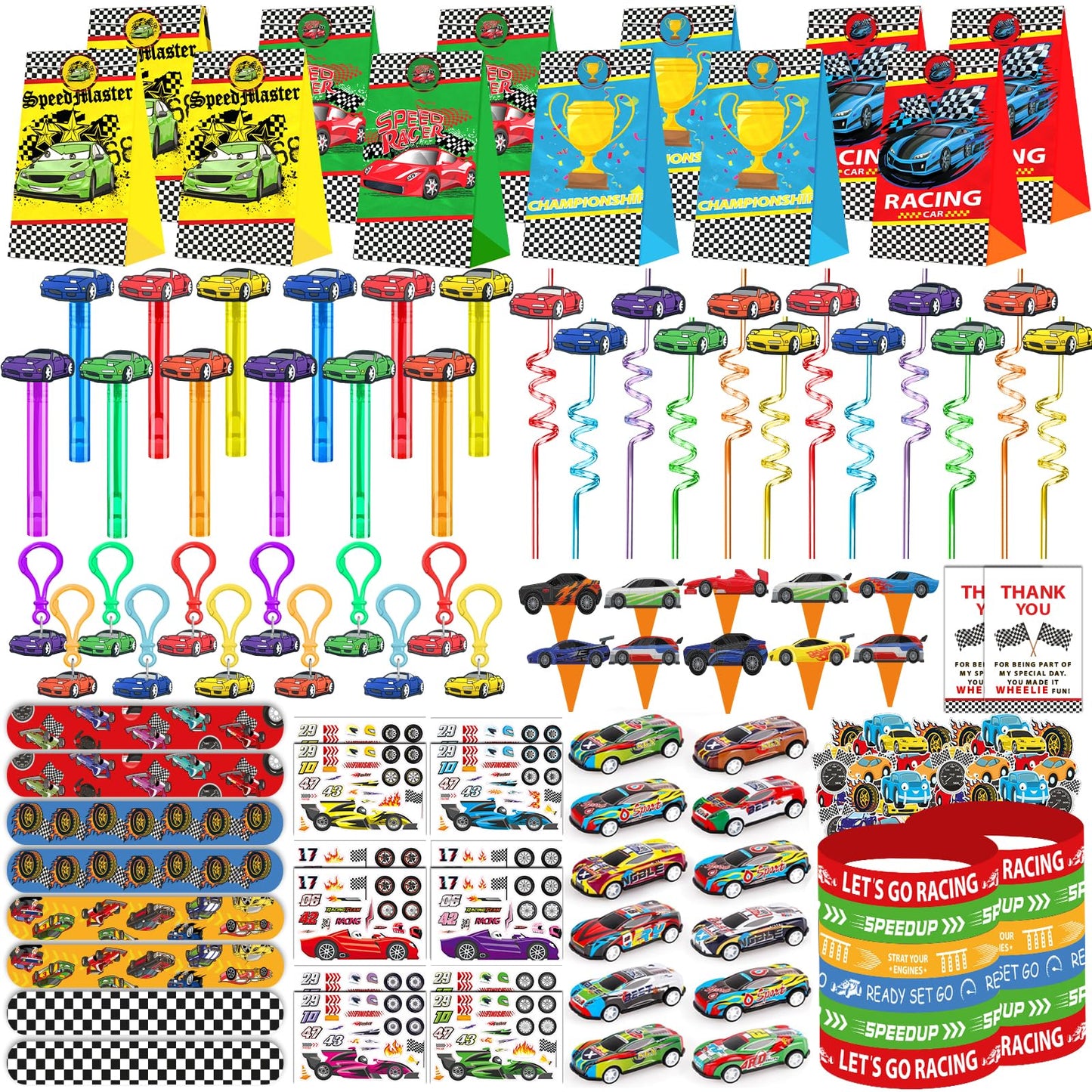 PLOUGVI 232PCS Race Car Birthday Party Favors Decorations Supplies Goodie Bag Stuffer Pinata Filler, Cars Themed Favors for Whee