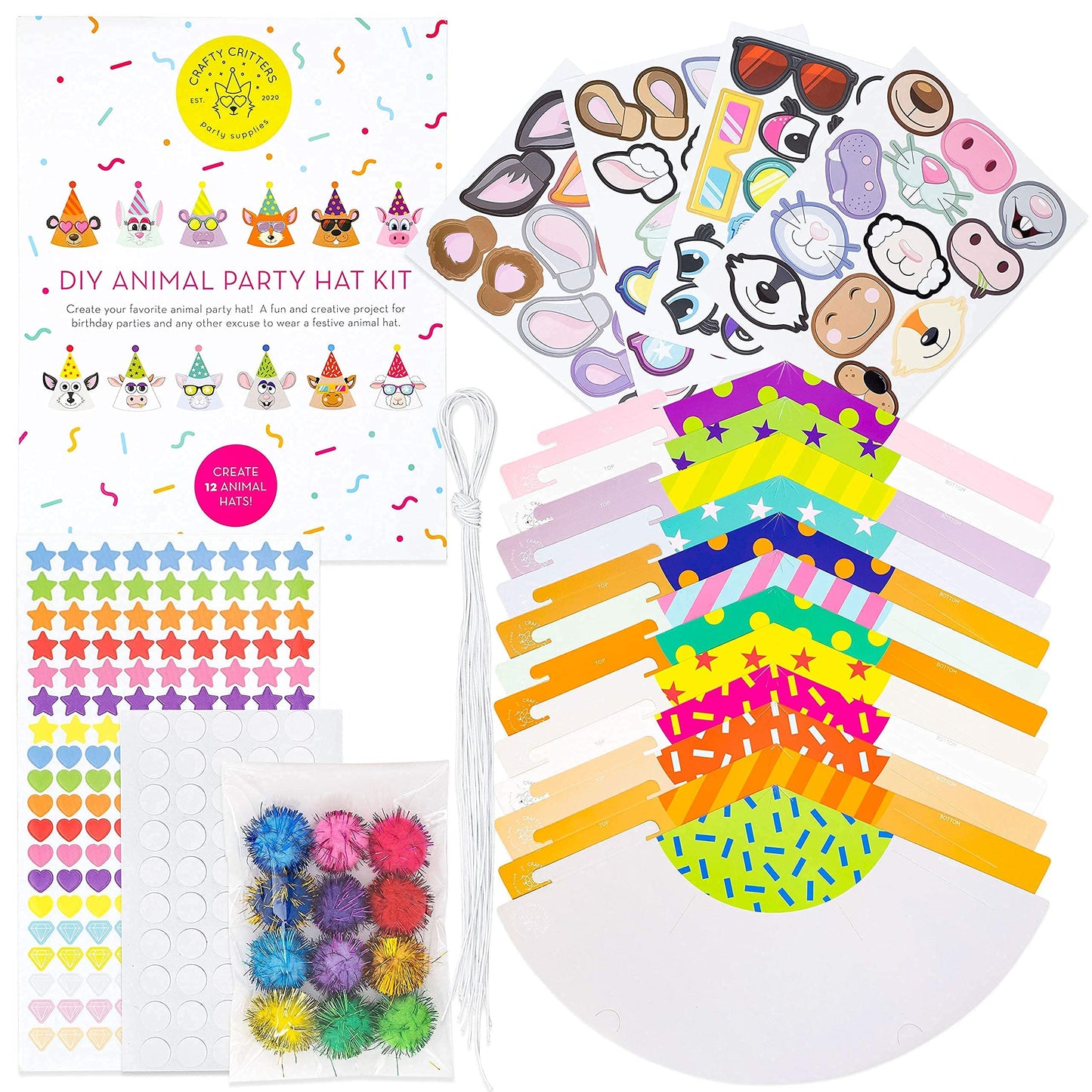 DIY Kids Party Hats & Games Kit - 12 Hats, Toddler & Kids Activities, Craft Kit for Birthday Parties