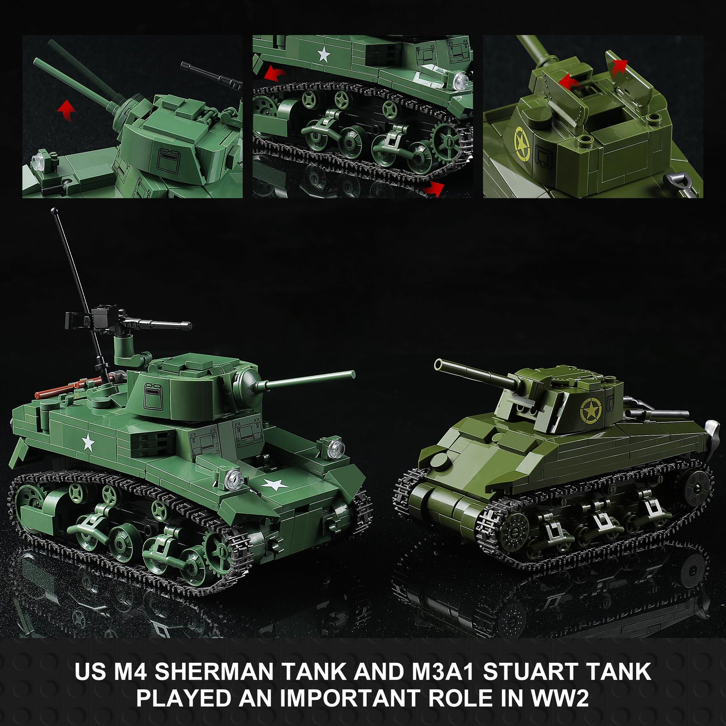 MISTBUY WW2 Army Tank Building Set - 1452 Pieces, Green/Grey/Brown, Compatible with Lego, Includes US Sherman & Stuart Tanks, Military Weapons