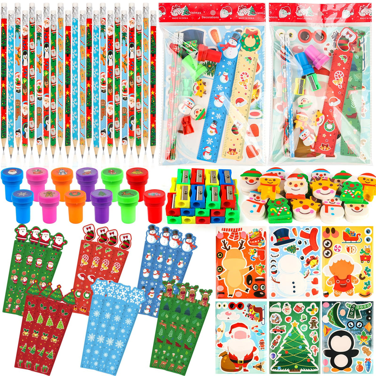 Thesixowls Christmas Stationery Party Sweets, 28 Pack Christmas Classroom Gifts for Students Christmas Goodie Bag Socks Stuffers