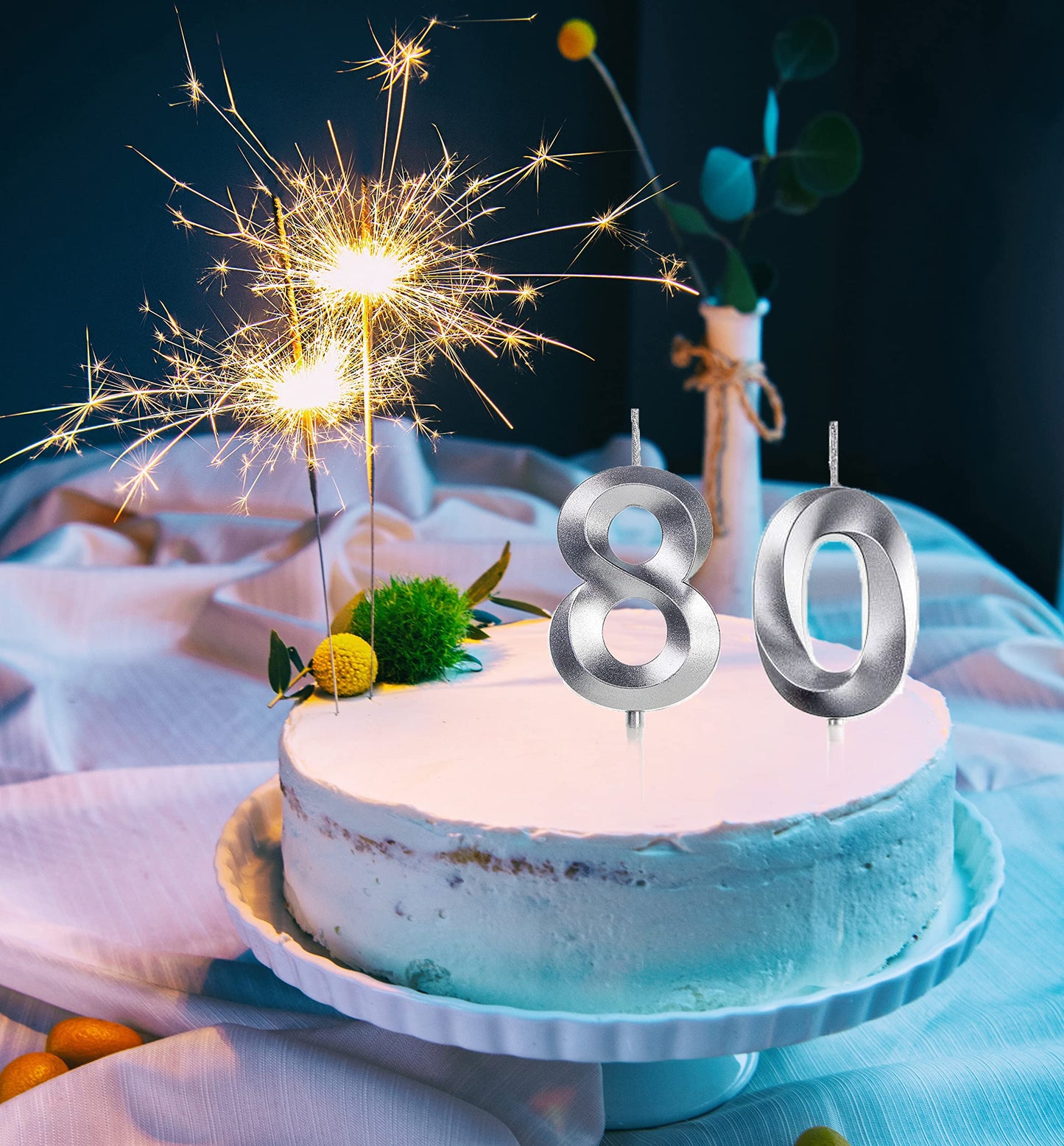 Silver 80th Birthday Candles, Number 80 Cake Topper for Birthday Decorations Party Decoration