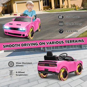 Enyopro Kids Electric Car, Licensed Dodge Challenger Ride On Car, 12V7Ah Battery Powered Electric Vehicle Kids Ride On Toys With Remote Control, 3 Speeds, Led Headlights, Bluetooth, Music (Pink)