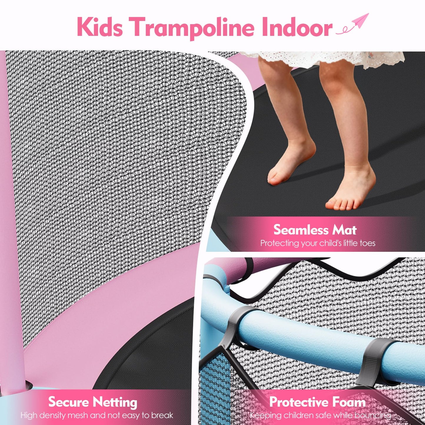 LotFun 60" Trampoline for Kids - 5 FT with Enclosure, Basketball Hoop, 440 LBS Capacity, Adjustable Height, Pink-Blue