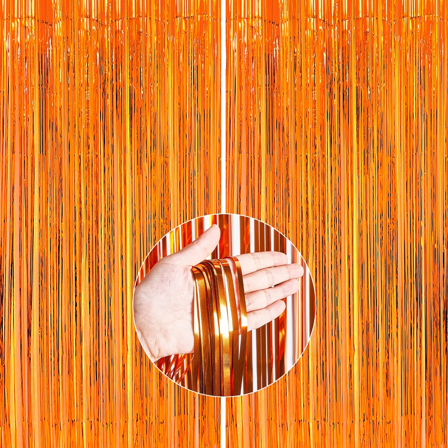 PartyWoo Orange Foil Fringe curtains, 2 pcs 33x66 ft Orange Streamers, Fringe Backdrop, Metallic Tinsel curtains for Birthday Pa
