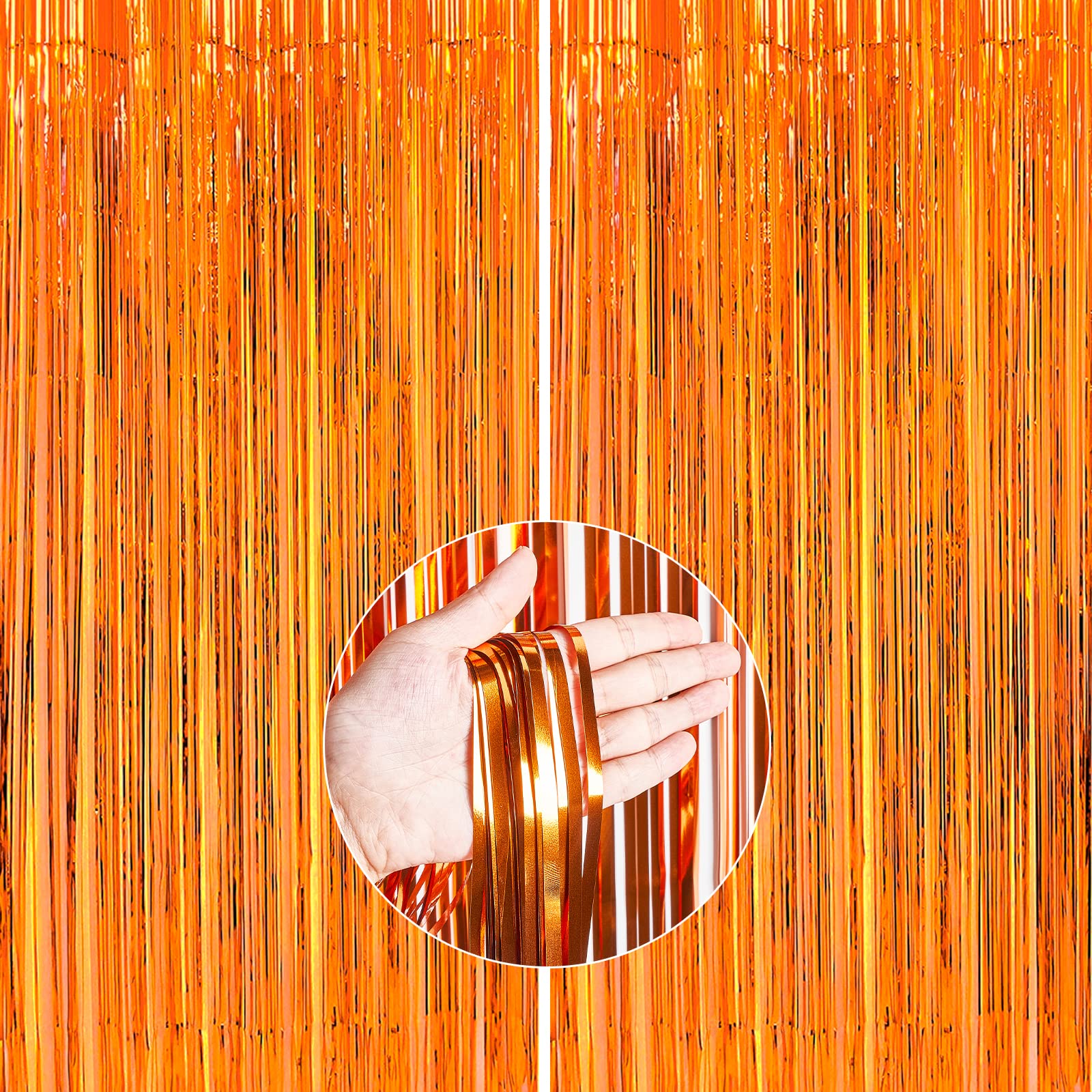 PartyWoo Orange Foil Fringe curtains, 2 pcs 33x66 ft Orange Streamers, Fringe Backdrop, Metallic Tinsel curtains for Birthday Pa
