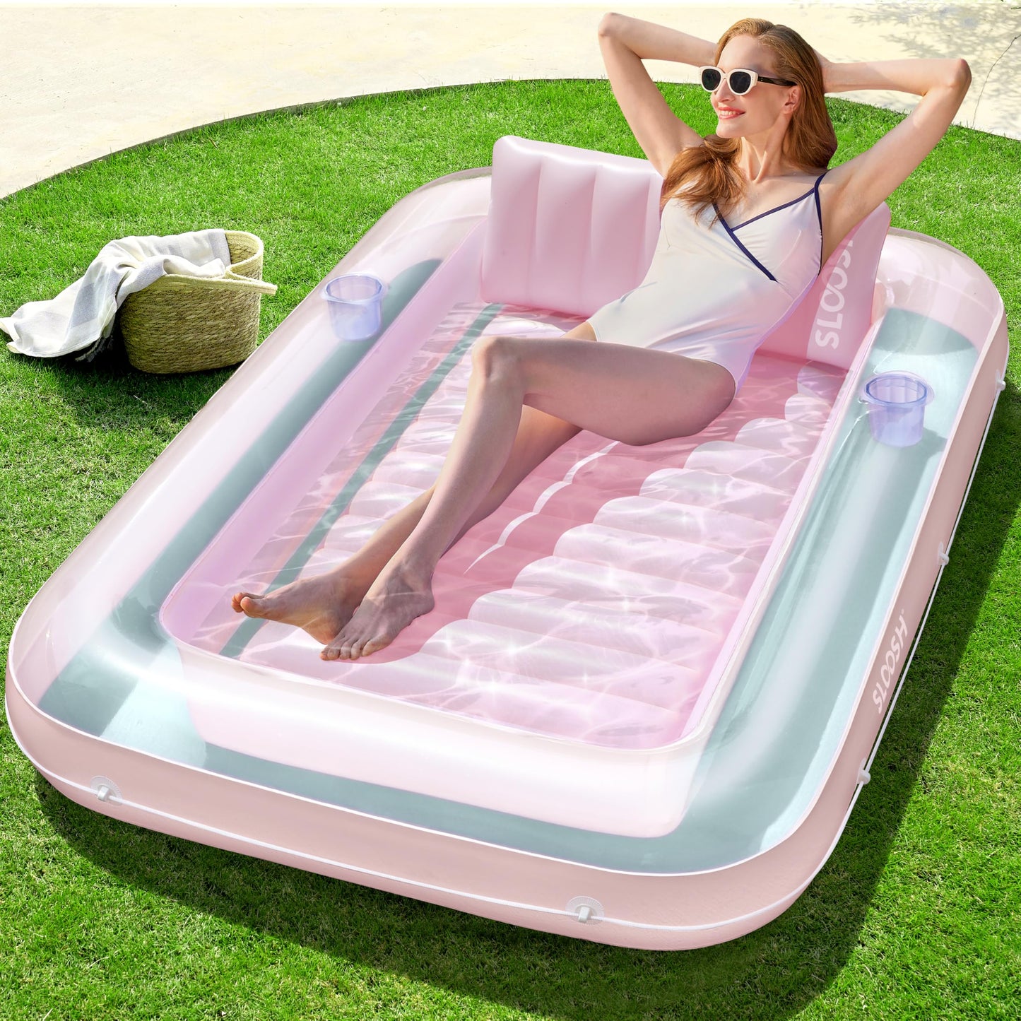 SLOOSH Inflatable Tanning Pool Lounger Float  70 x 46 Pool Floats mature-themed with Pillow  4 in 1 Suntan Tub Raft Floatie Sunbathing Bed Lounge for Water Blow Up Kids Ball Pit Party Gifts  L-Cyan Pink